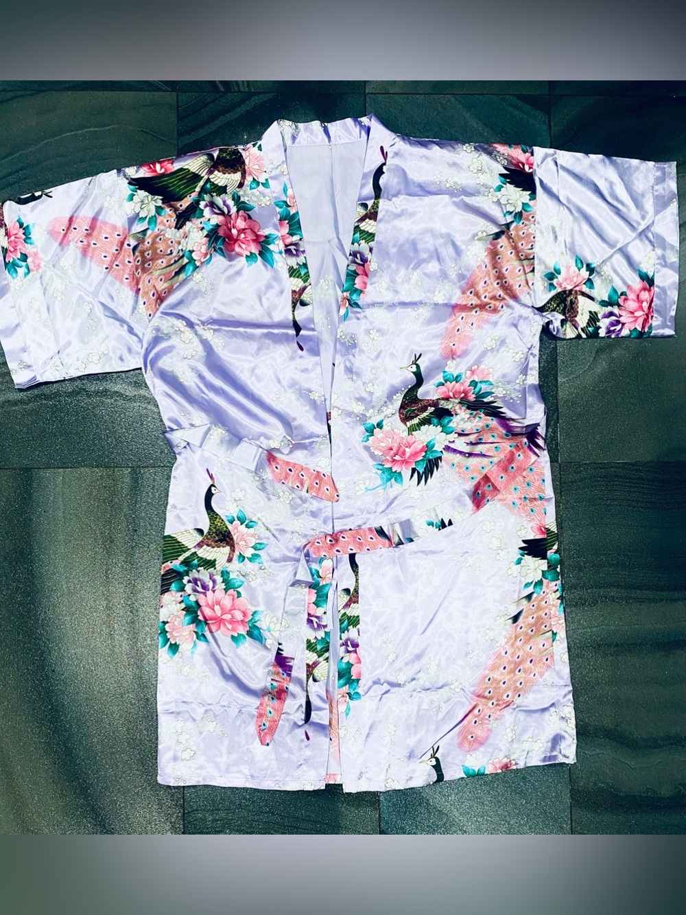 Vintage Short Sleeve Peacock Floral Belted Robe Size M